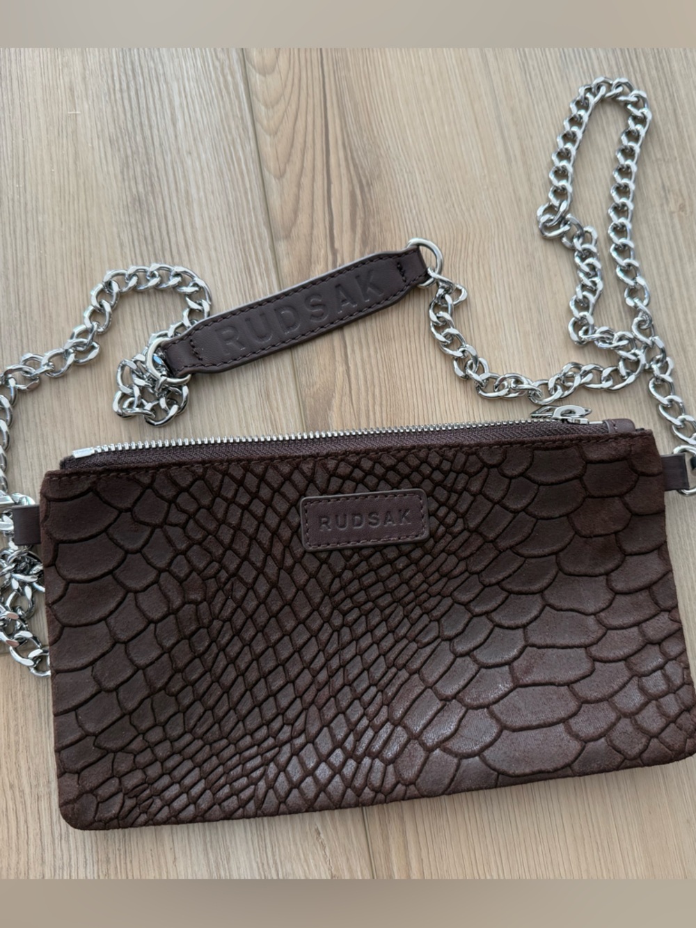 RUDSAK Dark Brown Embossed Leather Belt Bag with Silver Chain